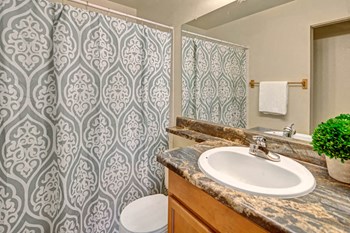 A bathroom with shower and tub combination and wide mirror above the sink Conifer Grove Bathroom - Photo Gallery 2