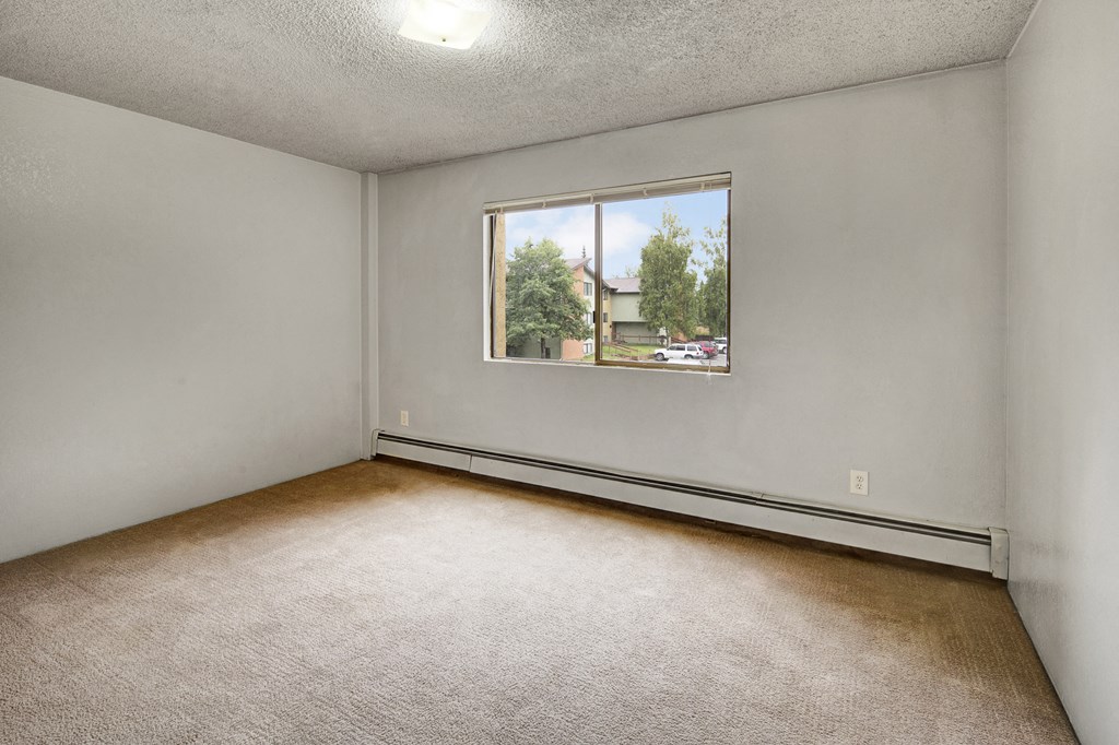 Bright, empty room here at Deer Park Apartments with light gray walls, beige carpet, and a window offering a view of trees and nearby buildings.