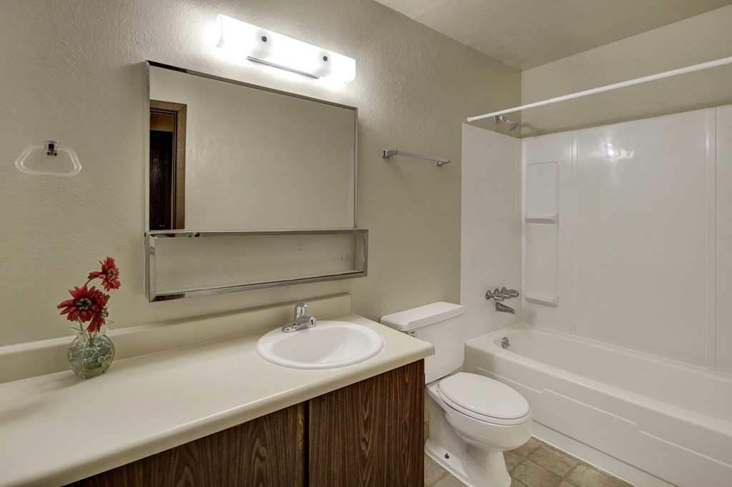 A clean, modern bathroom here at Deer Park Apartments featuring a sink, mirror, toilet, shower/tub combo, and a small vase with red flowers on the counter.