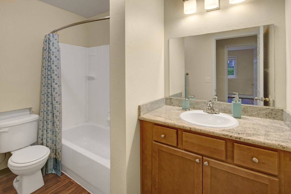 Bathroom here at Hillside Chalet Apartments with wooden cabinets and granite countertop, features a sink and large mirror. Bathtub with a blue-patterned curtain sits beside a toilet.