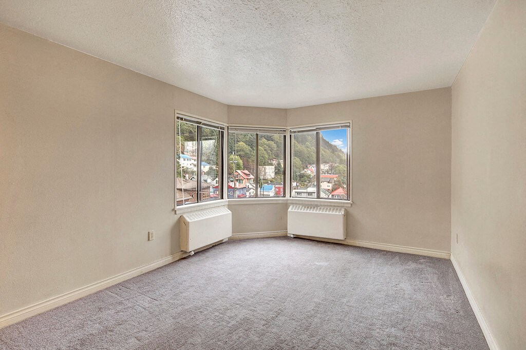 Living room here at Mendenhall Tower Apartments with beige walls and gray carpet, featuring a bay window. The window offers a view of colorful houses and lush green hills under a blue sky.