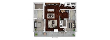 an overhead view of a 3d floor plan of a 1 bedroom apartment