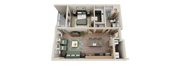 a 3d floor plan of a studio apartment with a bedroom and a living room