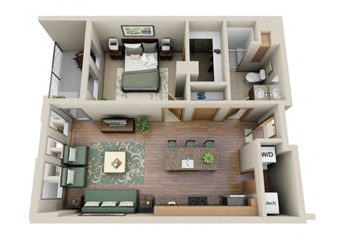 a 3d floor plan of a studio apartment with a bedroom and a living room