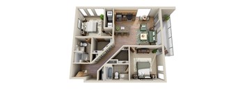 a spacious two bedroom apartment with two bathrooms and a spacious living room with a fireplace and a