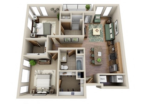 a 3d drawing of our 1 bedroom apartment at princeton court apartments in dallas,