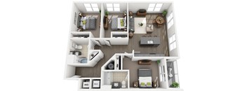 a 3d drawing of the cortona floor plan with the roommates in the living room