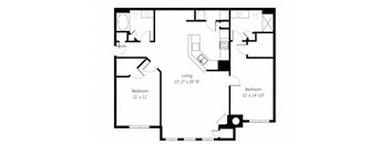 a floor plan with a bedroom and a living room