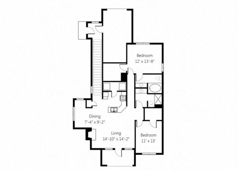 a floor plan of a house with two bedrooms and two bathrooms