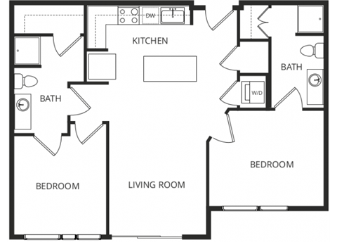 a floor plan of a home with two bedrooms and two bathrooms and a living room and kitchen