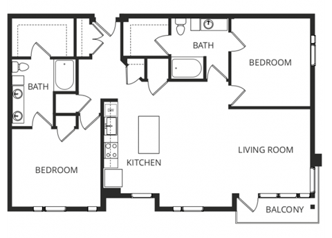 a floor plan of a two bedroom apartment with a kitchen and a living room