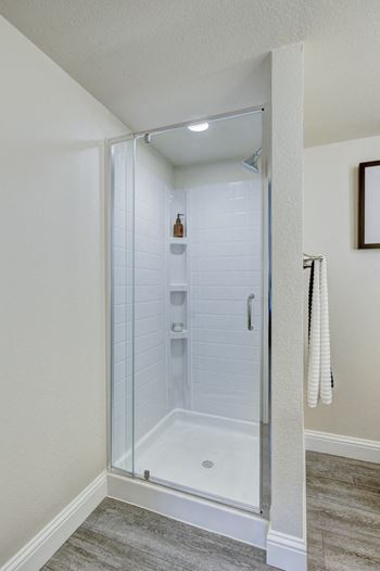 a walk in shower with a glass door