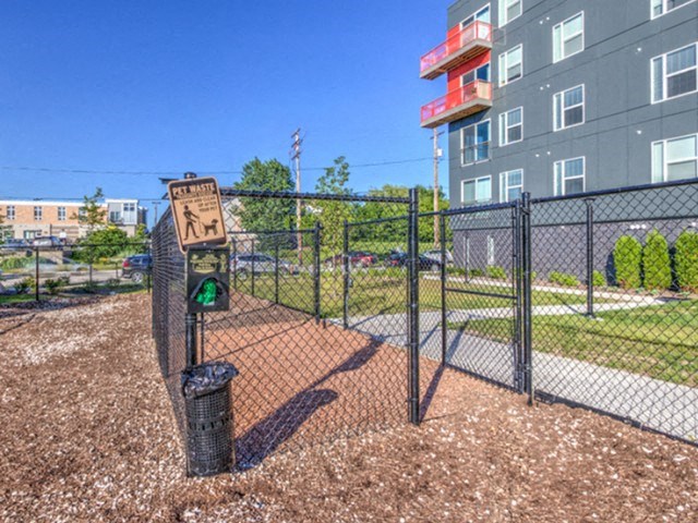 A fenced dog park area with a waste bin and bag dispenser on the left, adjacent to a modern apartment building under a clear blue sky at Stitchweld Apartments.