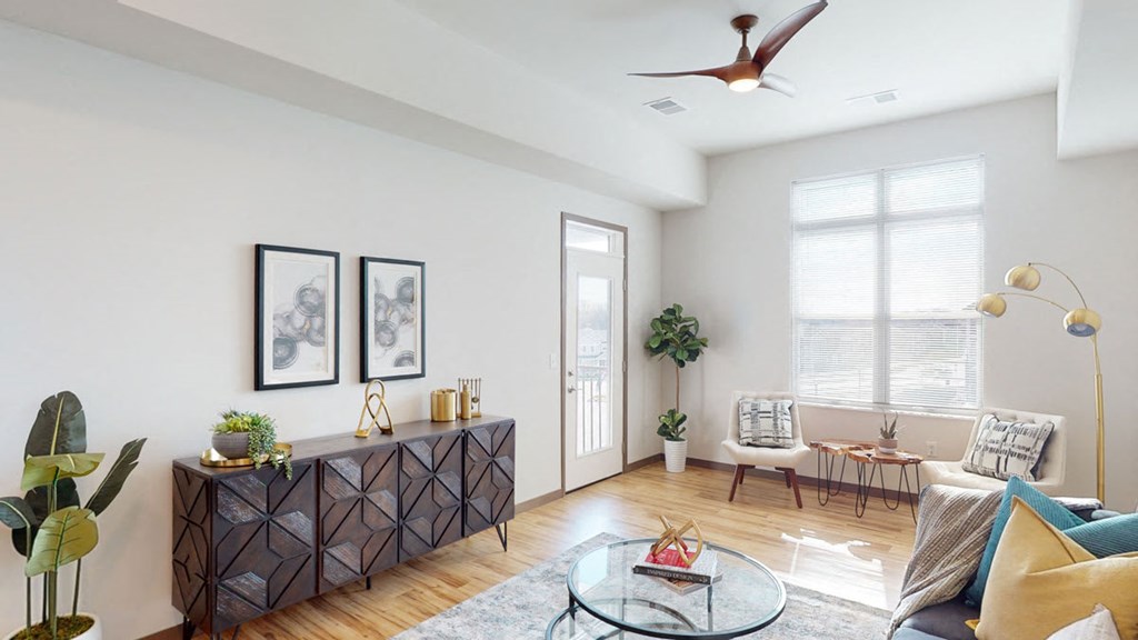 a living room with a couch and a table