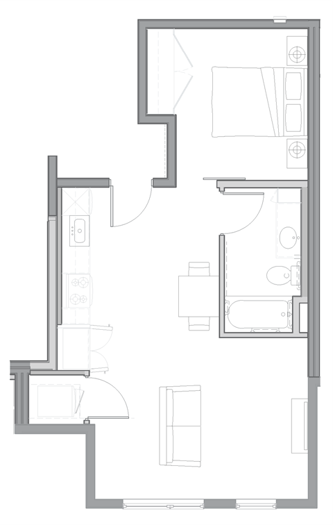 floor plan of the small apartment with living room and kitchen