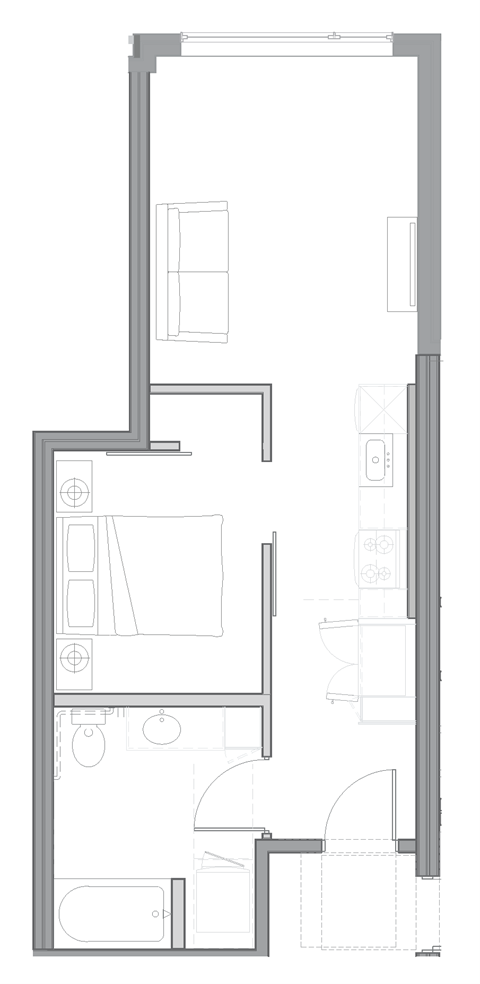 a floor plan of a small apartment with a bedroom and a living room