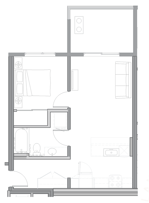 floor plan of the small apartment with living room and kitchen