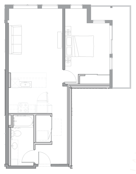 floor plan of the small apartment with living room and kitchen
