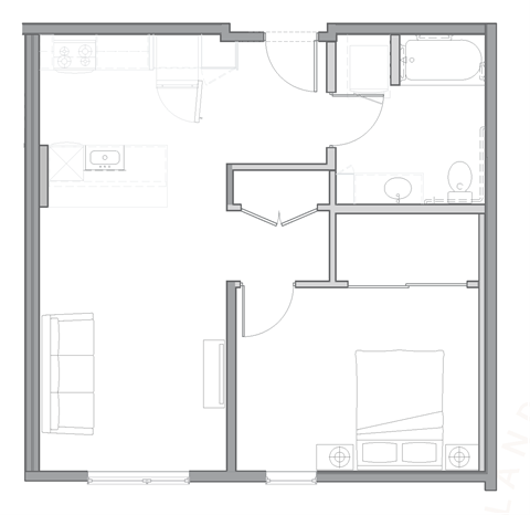 a floor plan of a small house with a bedroom and a living room