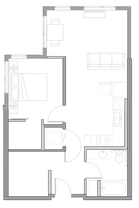 floor plan of the small apartment with living room and kitchen