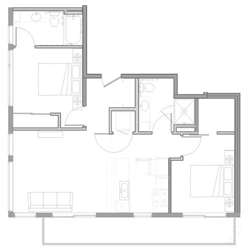 floor plan of the apartment with living room and kitchen