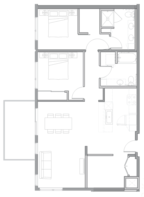 a floor plan of a small house with a bedroom and a living room