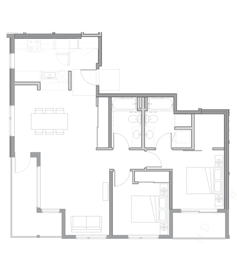 floor plan of the apartment with living room and kitchen isolated on white