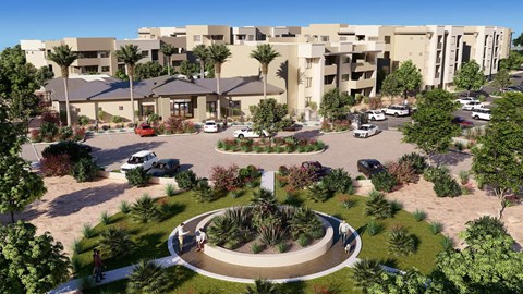 Rendering of our modern Reflect at Dobson Ranch Apartment complex with beige buildings, surrounded by lush landscaping, palm trees, and a circular driveway with parked cars.