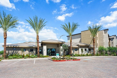 Modern Reflect at Dobson Ranch Apartment building with beige exteriors, palm trees, and clear blue sky. The foreground shows an empty brick parking lot and a "Now Open" sign.