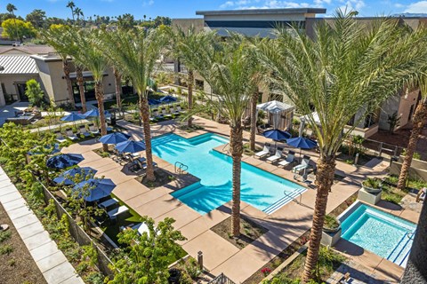 A serene pool area here at Reflect at Dobson Ranch Apartments surrounded by tall palm trees, blue umbrellas, and loungers on a sunny day. Cabana and lush greenery enhance the tropical resort vibe.
