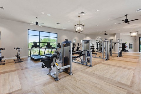Bright gym here at Reflect at Dobson Ranch Apartments with modern equipment, including treadmills, stationary bikes, and weight machines on light wood flooring. Large windows offer natural light.