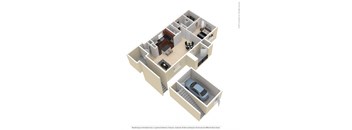 a 3d rendering of an open floor plan with a car in it