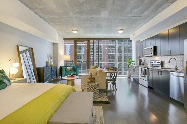 a room with a bed a kitchen and a living room