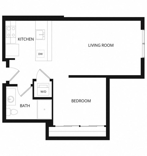 a floor plan of a living room with a bedroom and a kitchen