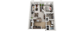 A 3D floor plan of a small apartment with a living room, kitchen, and bedroom.