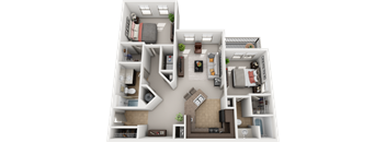 A 3D floor plan of a small apartment with a kitchen, living room, and bedrooms.