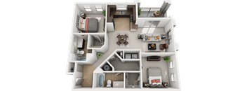 A 3D floor plan of a house with a kitchen, living room, bedrooms, and bathrooms.