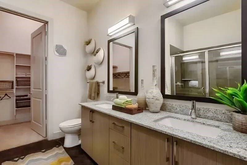 Modern bathroom here at Skyline at Farmers Market Apartment Homes with dual sinks, large mirrors, and granite countertop. Wooden cabinets below. Bright lighting, a shower enclosure, and a plant add freshness.