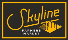 A logo for Skyline Farmers Market features a black background with yellow text and graphics.