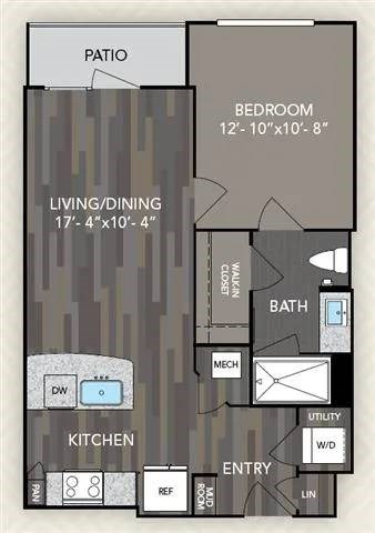 A floor plan of a home with a living room, dining room, kitchen, bathroom, and bedroom.