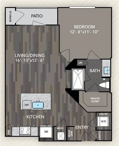 A floor plan of a home with a living room, dining room, kitchen, and bathroom.