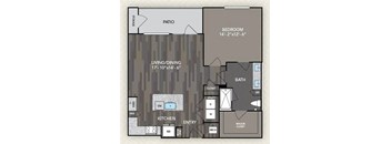 A floor plan of a house with a living/dining area, kitchen, bedroom, bathroom, and closet.