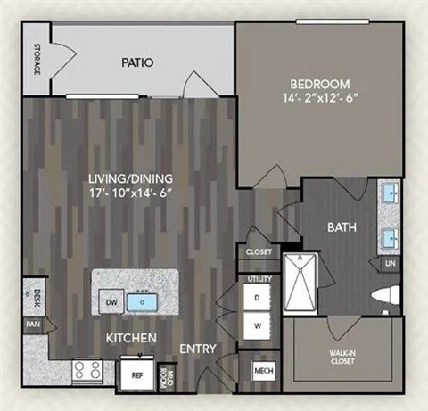 A floor plan of a house with a living/dining area, kitchen, bedroom, bathroom, and closet.