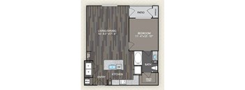 A floor plan of a home with a living/dining area, kitchen, bathroom, bedroom, and patio.