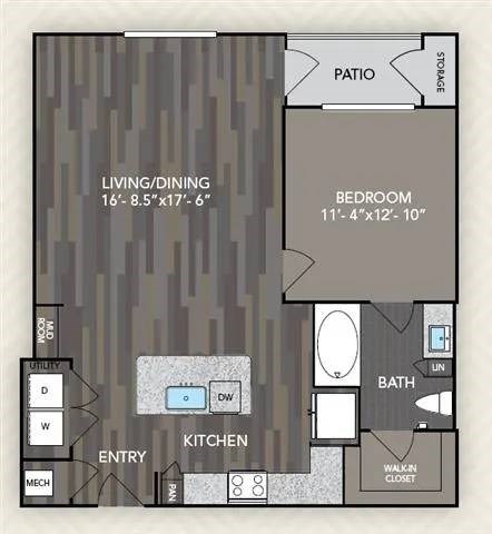 A floor plan of a home with a living/dining area, kitchen, bathroom, bedroom, and patio.