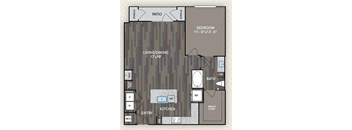 A floor plan of a house with a living room, dining room, kitchen, and bathroom.