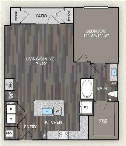 A floor plan of a house with a living room, dining room, kitchen, and bathroom.