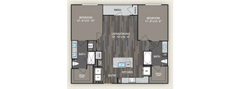 A floor plan of a home with two bedrooms, a living/dining area, a kitchen, two bathrooms, and a patio.