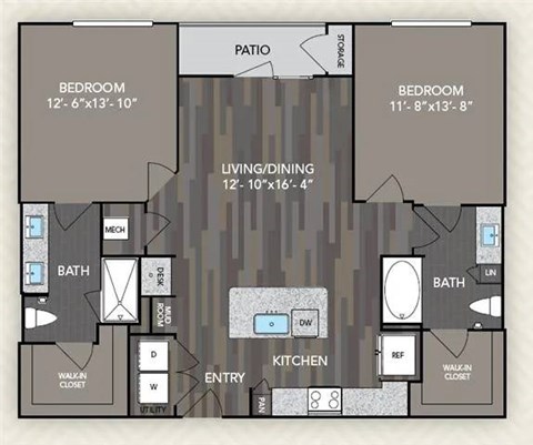 A floor plan of a home with two bedrooms, a living/dining area, a kitchen, two bathrooms, and a patio.