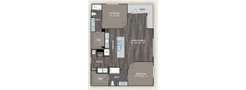 A floor plan of a house with a living area, two bedrooms, a bathroom, and a patio.
